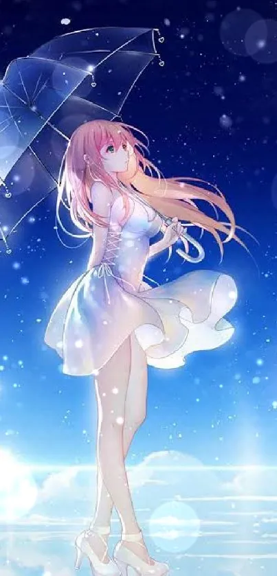 Anime girl with umbrella under a starry blue sky.