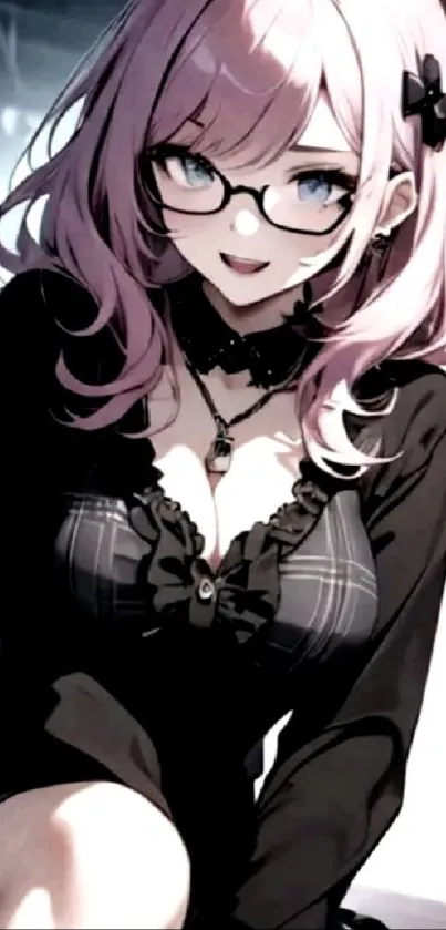 Anime girl with pink hair and glasses in black outfit.