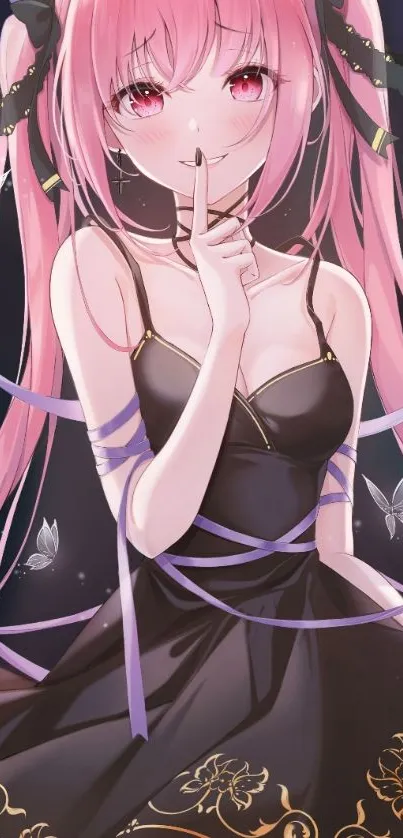 Anime girl with pink hair and black dress, elegant wallpaper.