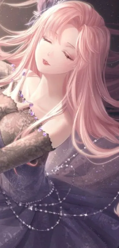 Elegant anime girl with pink hair in a dreamy scene.