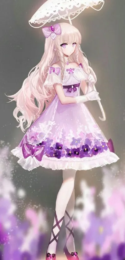 Anime girl with lavender dress and umbrella wallpaper.