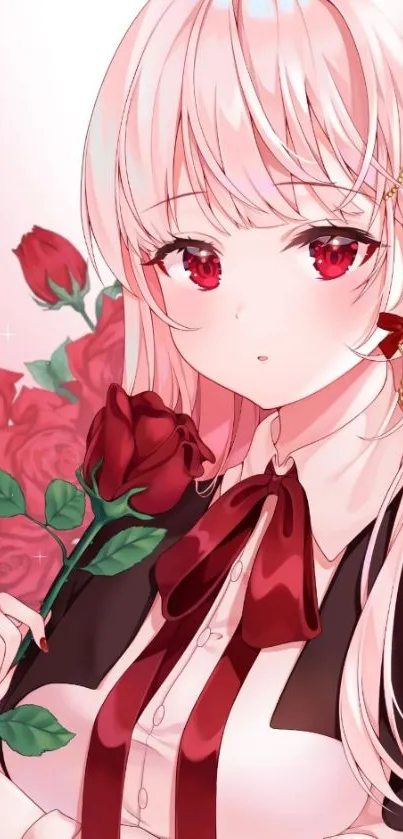 Anime girl with red rose and elegant attire.