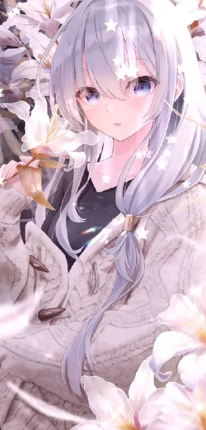 Anime girl with lilies in pastel colors, serene and elegant.