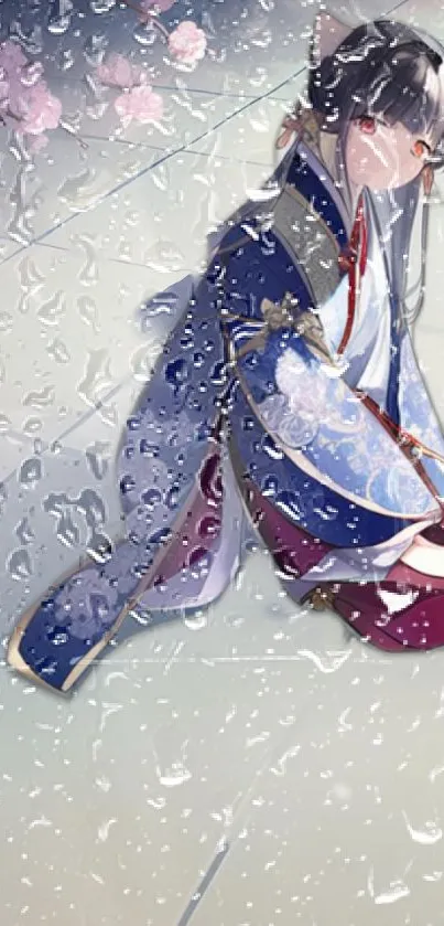 Anime girl in blue kimono with raindrop details on tile floor.