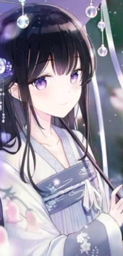 Anime girl in elegant kimono with purple accents and serene background.