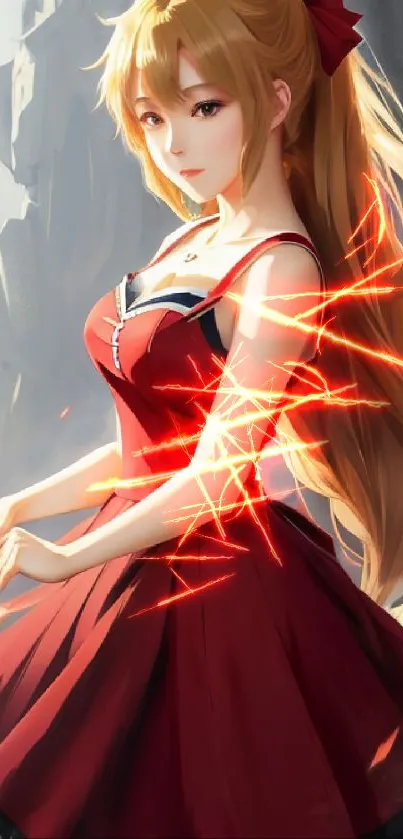 Elegant anime girl in a red dress with flowing hair.