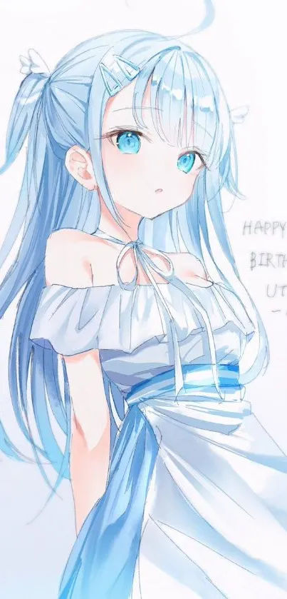 Elegant anime girl with blue hair in pastel tones.