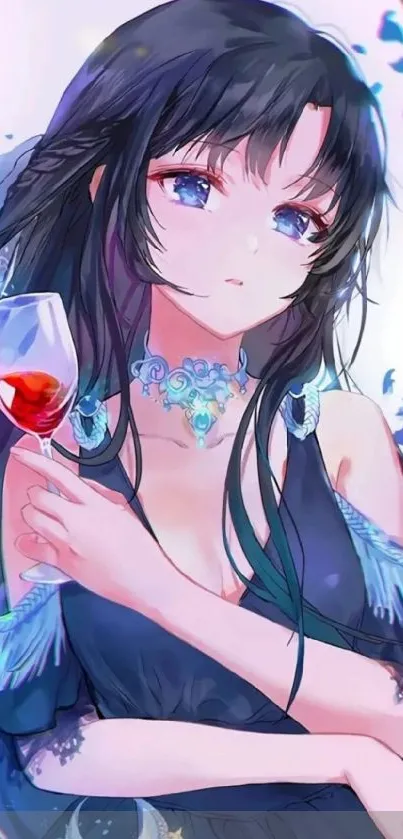 Anime girl holding a glass in a vibrant artistic setting.