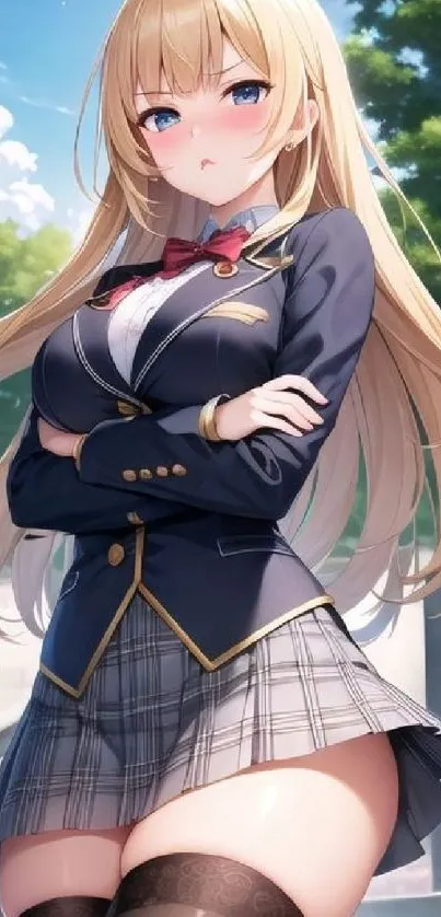 Anime girl with blonde hair in a school uniform standing outdoors under a blue sky.