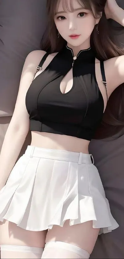 Anime girl in black and white outfit, laying down.