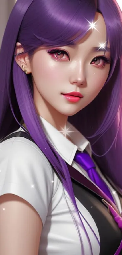 Anime girl with long purple hair and elegant attire.