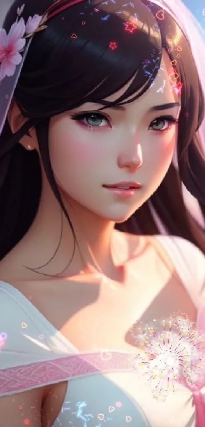 Elegant anime girl portrait with soft pink hues and intricate details.