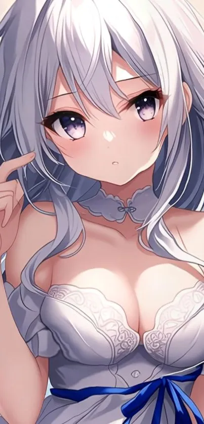 Beautiful anime girl with white hair in elegant attire.