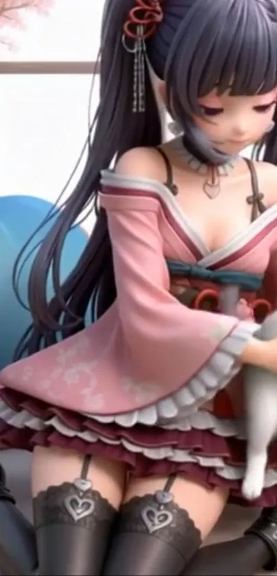 Elegant anime girl in pink attire with detailed design.