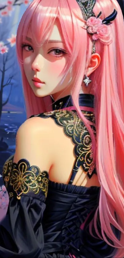 Anime girl with pink hair in elegant attire with floral accents.