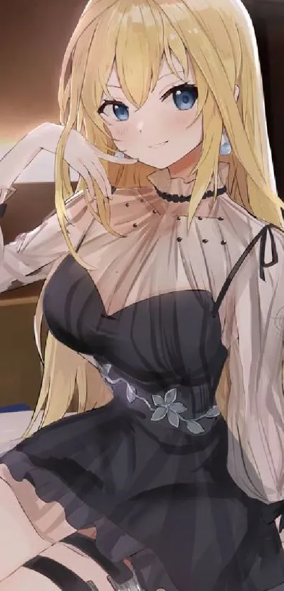 Elegant anime girl with blonde hair in a black dress.