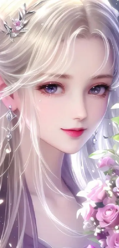 Anime girl with pink roses and soft lavender hues.