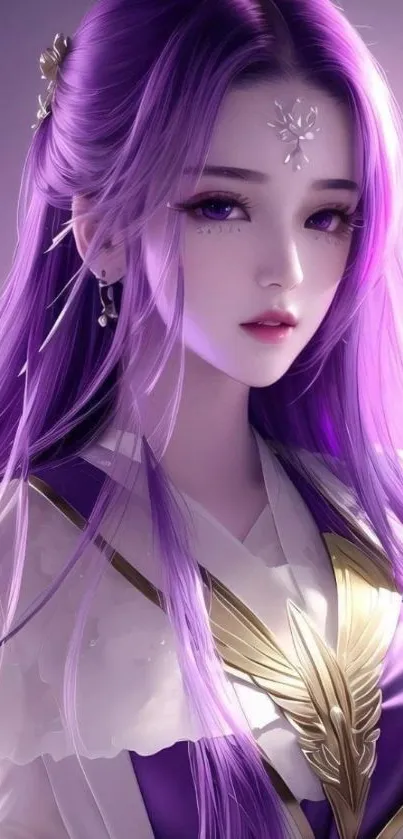 Anime character with purple hair in a fantasy setting.