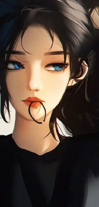 Anime girl with black hair and blue eyes in elegant pose.