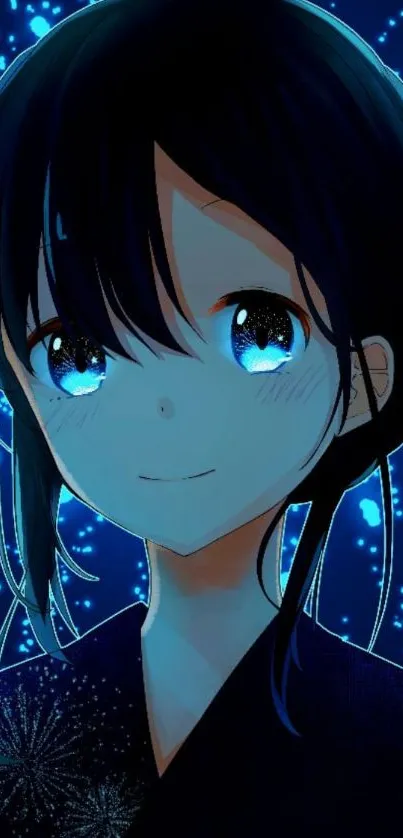 Anime girl with blue eyes and dark hair in a vibrant blue background.