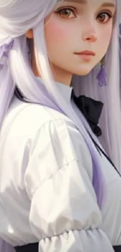 Anime girl with white hair in a lavender field.