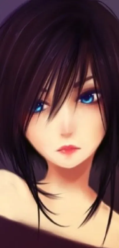 Anime girl with blue eyes and dark hair, elegant and mysterious style.