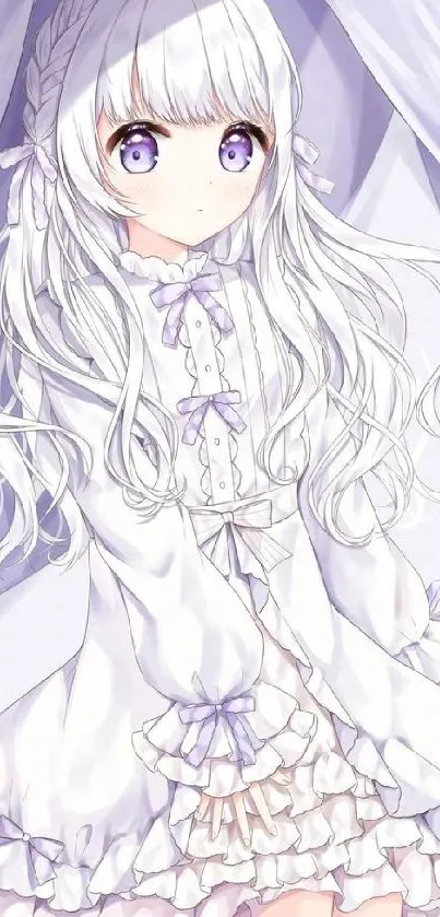 Elegant anime girl in a purple setting with flowing white hair and detailed dress.