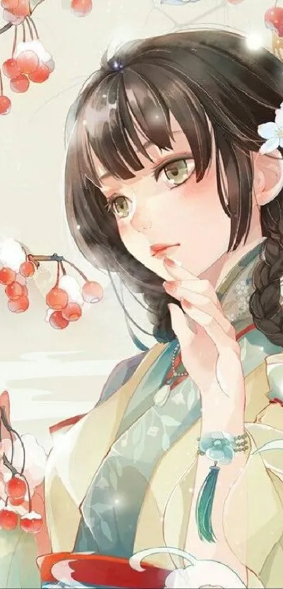 Anime girl with cherries and blossoms in elegant art style.