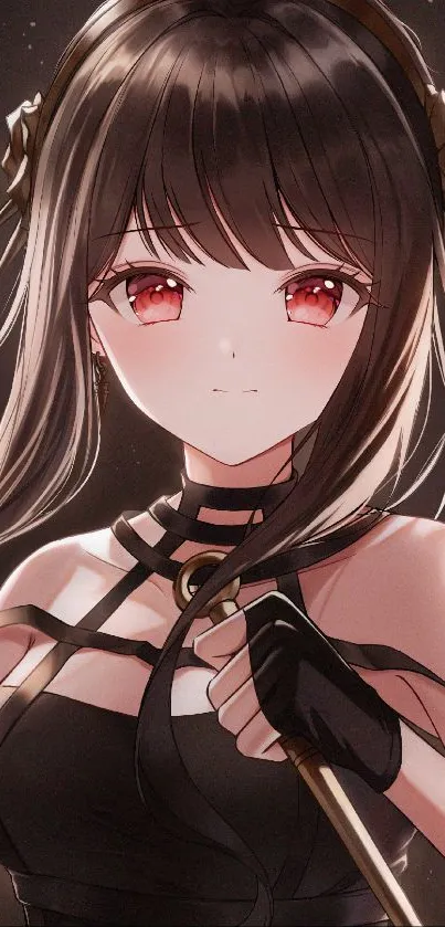 Anime girl with red eyes and dark hair holding a stick, elegant and stylish.