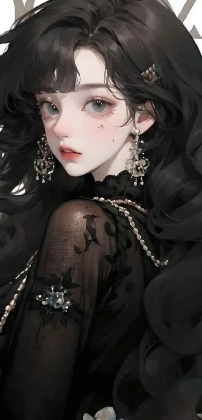 Anime girl with long black hair and elegant attire.