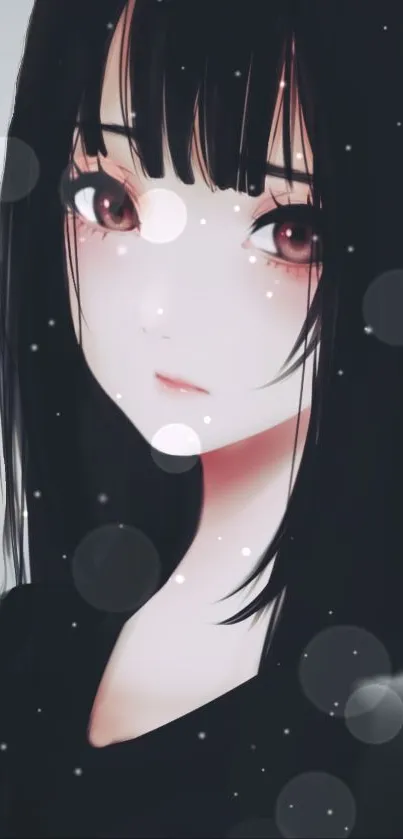 Anime girl with dark hair and soft background featuring artistic elements.