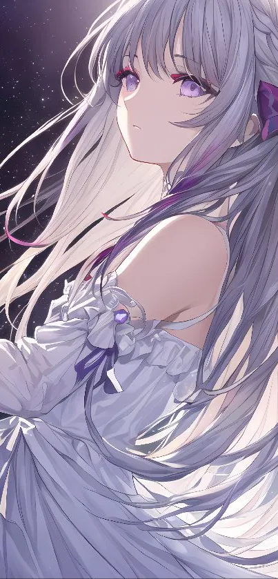 Elegant anime girl with lavender hair against celestial backdrop.