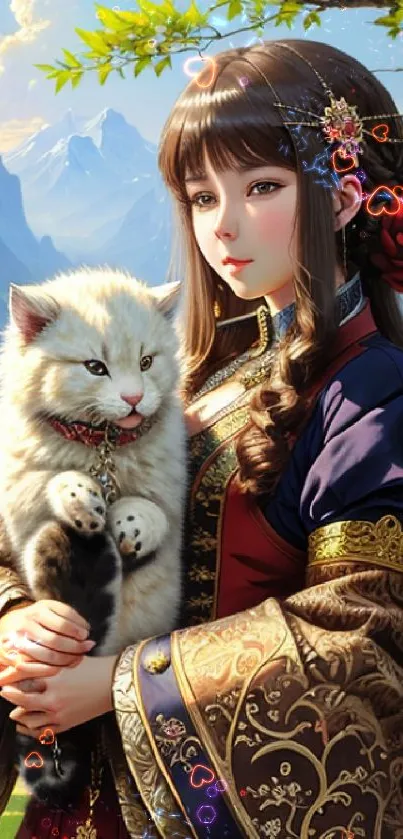 Anime girl holding a cat by a serene mountain lake landscape.