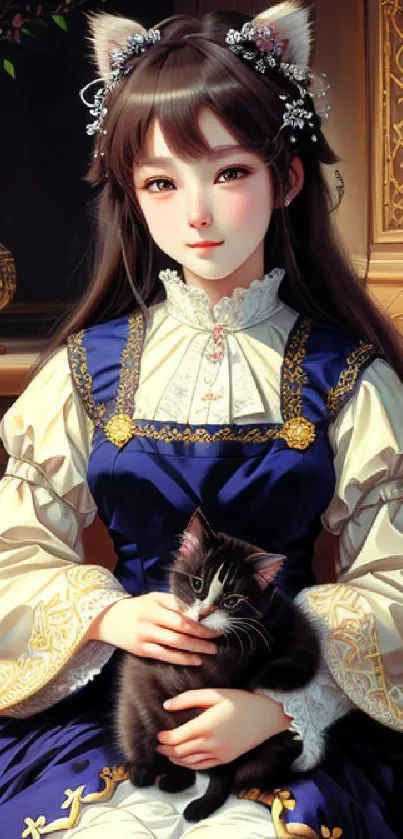 Anime girl with cat in elegant Victorian dress.