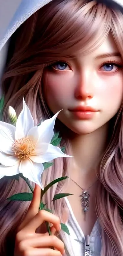 Anime girl with blue eyes and a white flower in a hooded outfit.