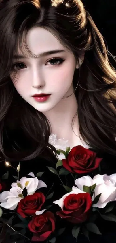 Anime girl with brown hair holding red roses on a dark background.