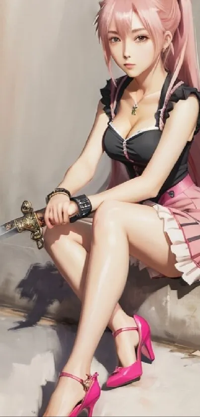 Anime girl with pink hair and outfit holding a sword, sitting elegantly.