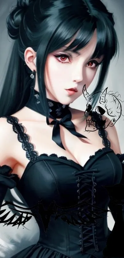 Anime gothic girl in black dress with dark background.