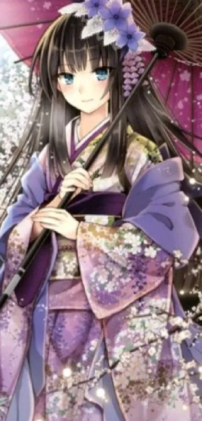 Anime girl in purple kimono with parasol.