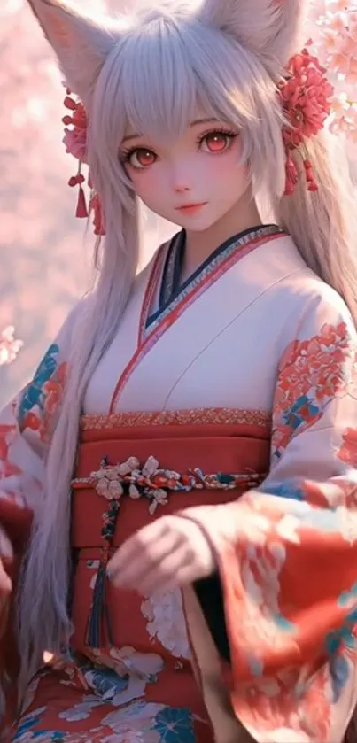 Anime character in kimono with cherry blossoms.