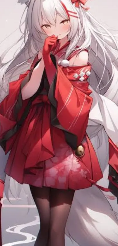 Anime kitsune in a red kimono, elegant design.