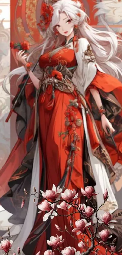 Anime lady in elegant red floral dress with white hair.