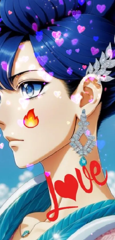 Anime character with blue hair and the word 'Love.'
