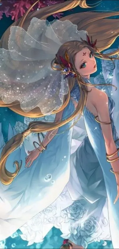 Elegant anime mermaid in an underwater fantasy scene.