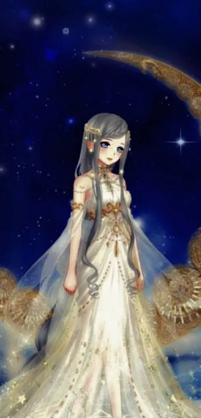 Anime character in white dress under moonlit sky.