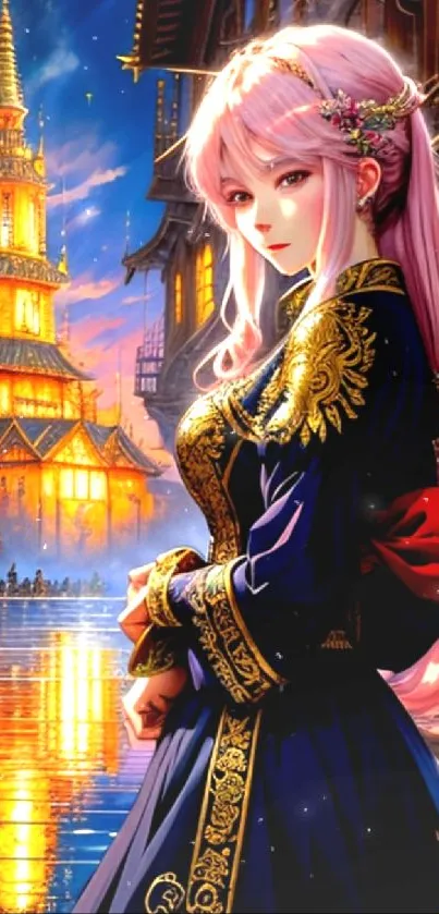 Elegant anime character in beautiful night cityscape.