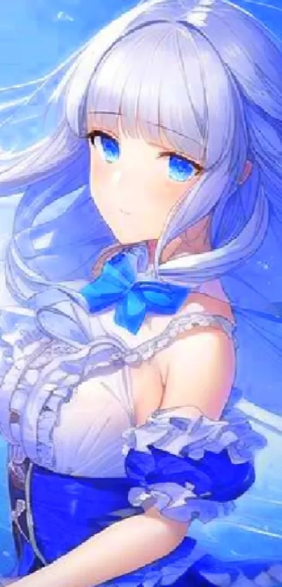 Anime girl in blue by the ocean with flowing hair and serene expression.