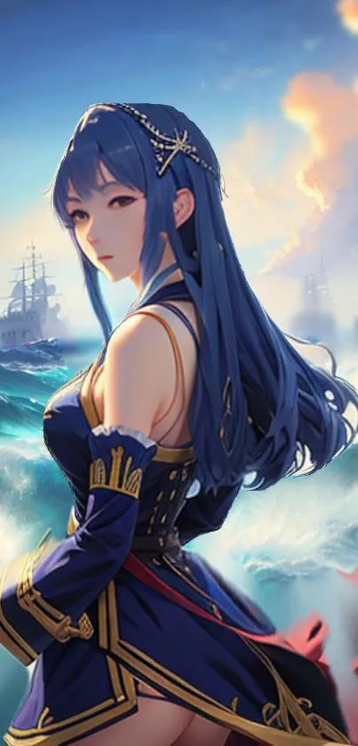 Anime character with blue hair by the ocean waves, ships in the background.