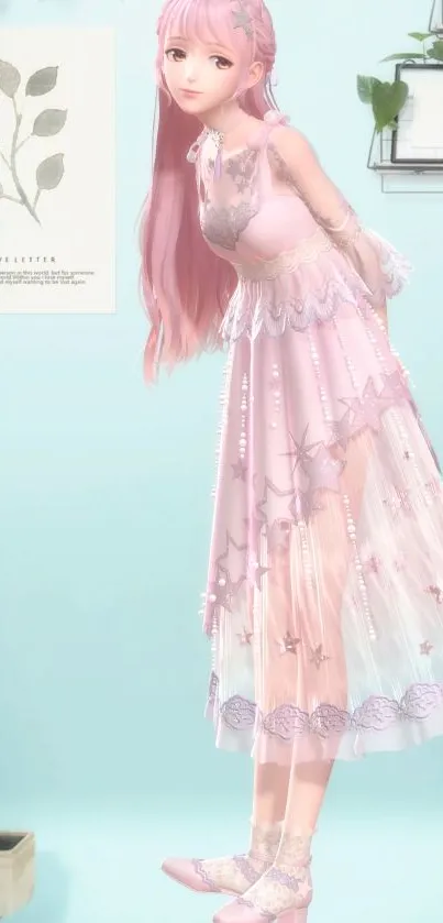 Anime artwork of character in pastel dress with a serene background.