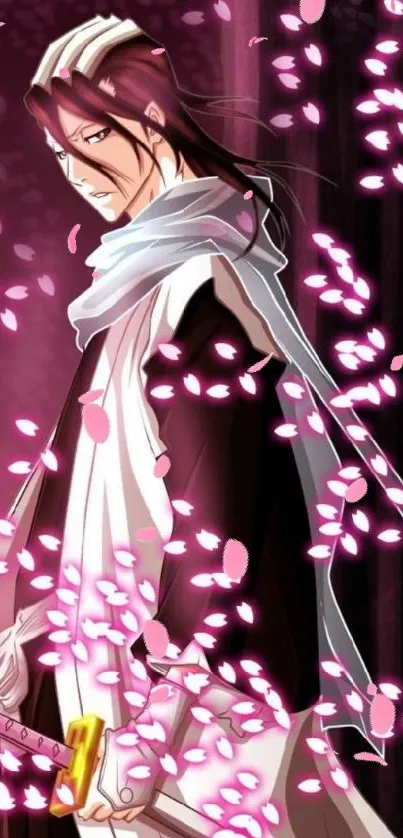 Anime character with pink petals in elegant style.